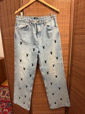 PLAYBOY Light Blue Straight Jeans with Black Bunny Print